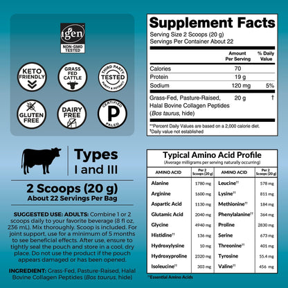 Viva Naturals Collagen Peptides Powder - Grass-Fed Hydrolyzed Bovine, Type I & III - 19 g Protein, Unflavored, Easy Dissolving - Joint, Skin, Hair & Nail Support - Paleo, Keto, Non-GMO - 1lb - Maple Wellness Supplements