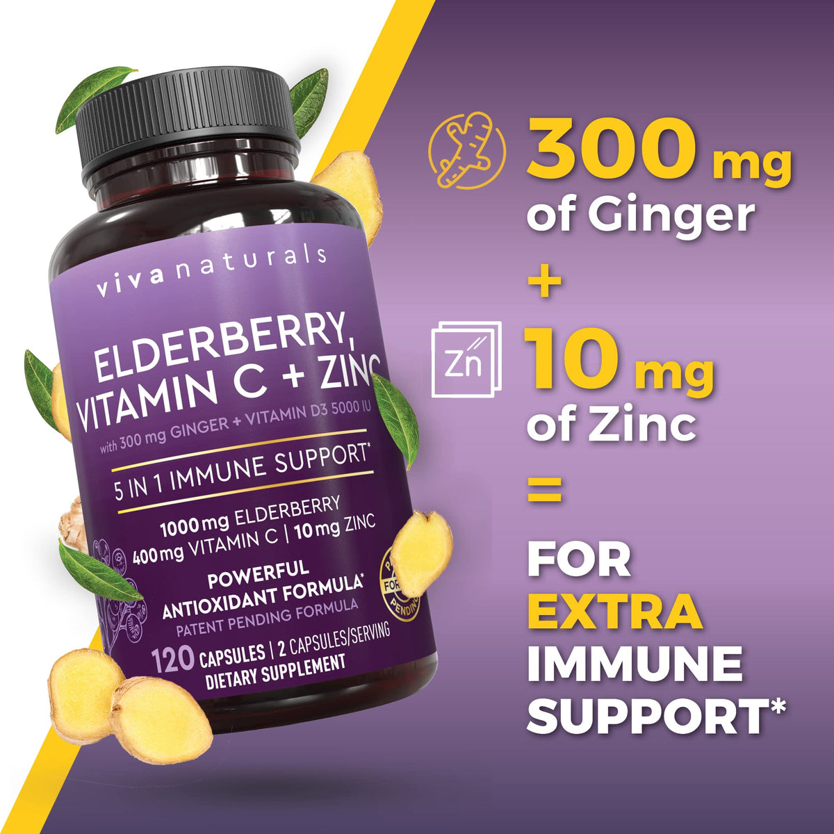 Viva Naturals Elderberry with Vitamin C and Zinc for Adults - 5 in 1 Sambucus Black Elderberry Capsules with Vitamin D3 5000 IU Immunity Supplement - Maple Wellness Supplements