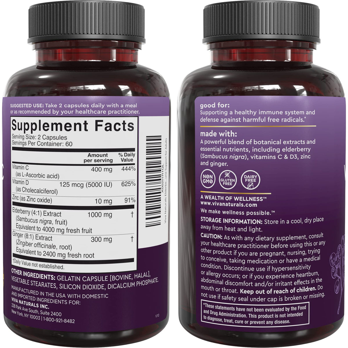 Viva Naturals Elderberry with Vitamin C and Zinc for Adults - 5 in 1 Sambucus Black Elderberry Capsules with Vitamin D3 5000 IU Immunity Supplement - Maple Wellness Supplements