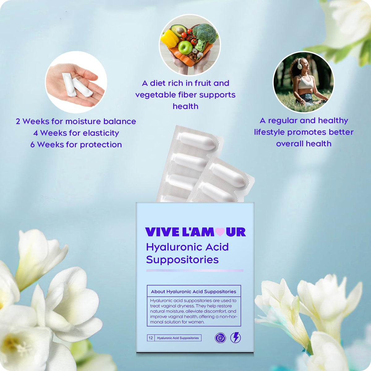 Vive L'Amour 15mg Hyaluronic Acid Vaginal Suppositories (2-Pack, 24 Count), Vaginal Moisturizer, Continuous Hydration, Relieves Vaginal Dryness, Restores Natural Softness & Elasticity, Vaginal Health - Maple Wellness Supplements
