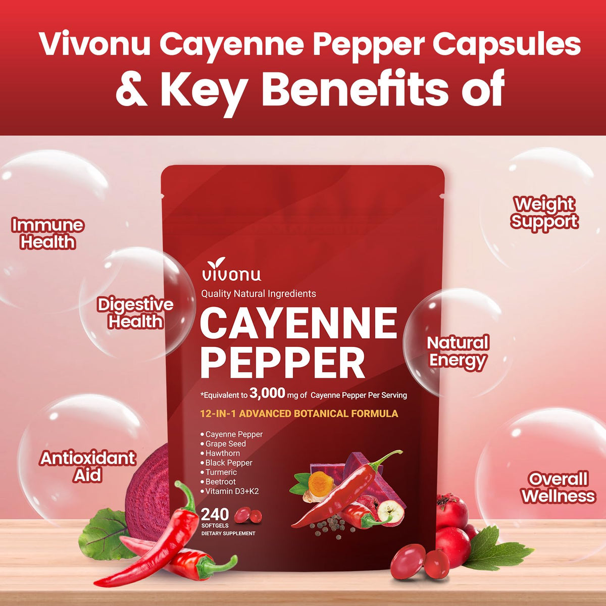 VivoNu Cayenne Pepper Softgels Supplement, Supports Leg Vein, Heart and Blood Vessel Health, with Vitamin E D3+K2 and Extracts of Grape Seed, Hawthorn - Maple Wellness Supplements