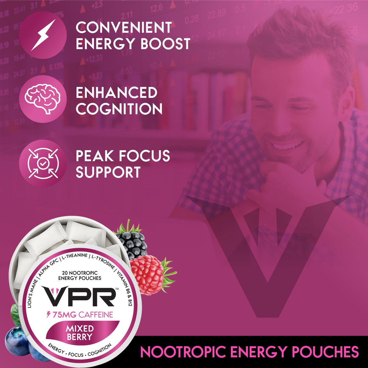 VPR 75MG Caffeine Nootropic Pouches | 20 Count Energy Pouches with Lion's Mane, Alpha-GPC, Vitamin B6 & B12, L-Theanine, and L-Tyrosine | Naturally Flavored Focus Pouches with No Sugar (Variety Pack) - Maple Wellness Supplements
