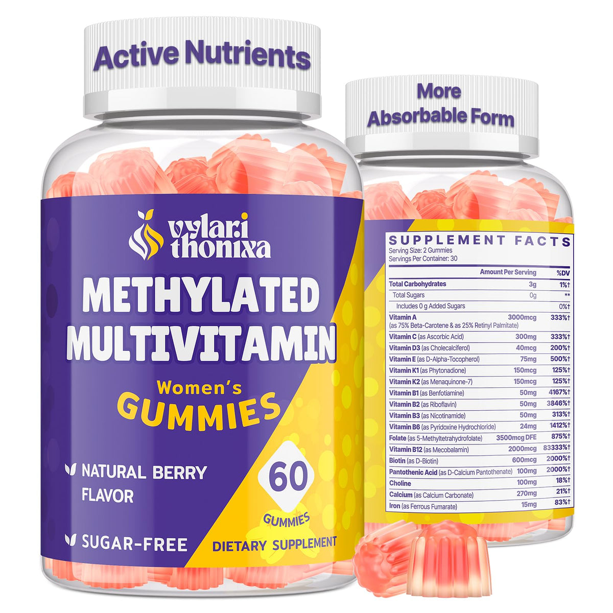 Vylarithonixa Methylated Multivitamin Gummies for Women – MTHFR Supplement Contains Methylfolate, Methylated B12, TMG & Vitamins A C E K – Energy, Immune & Skin Support - Maple Wellness Supplements