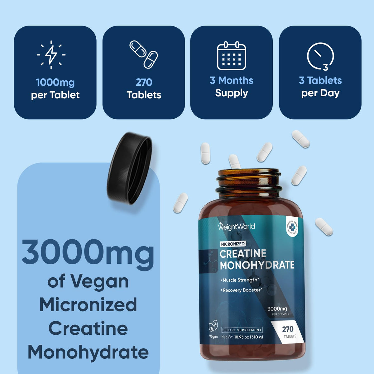 WeightWorld Micronized Creatine Monohydrate 3000mg Vegan Tablets | Muscle Strength & Recovery Booster | 3 Months Supply - 270 Tabs | Creatine for Women & Men | Non-GMO, Gluten-Free | 3 Tablets a Day - Maple Wellness Supplements