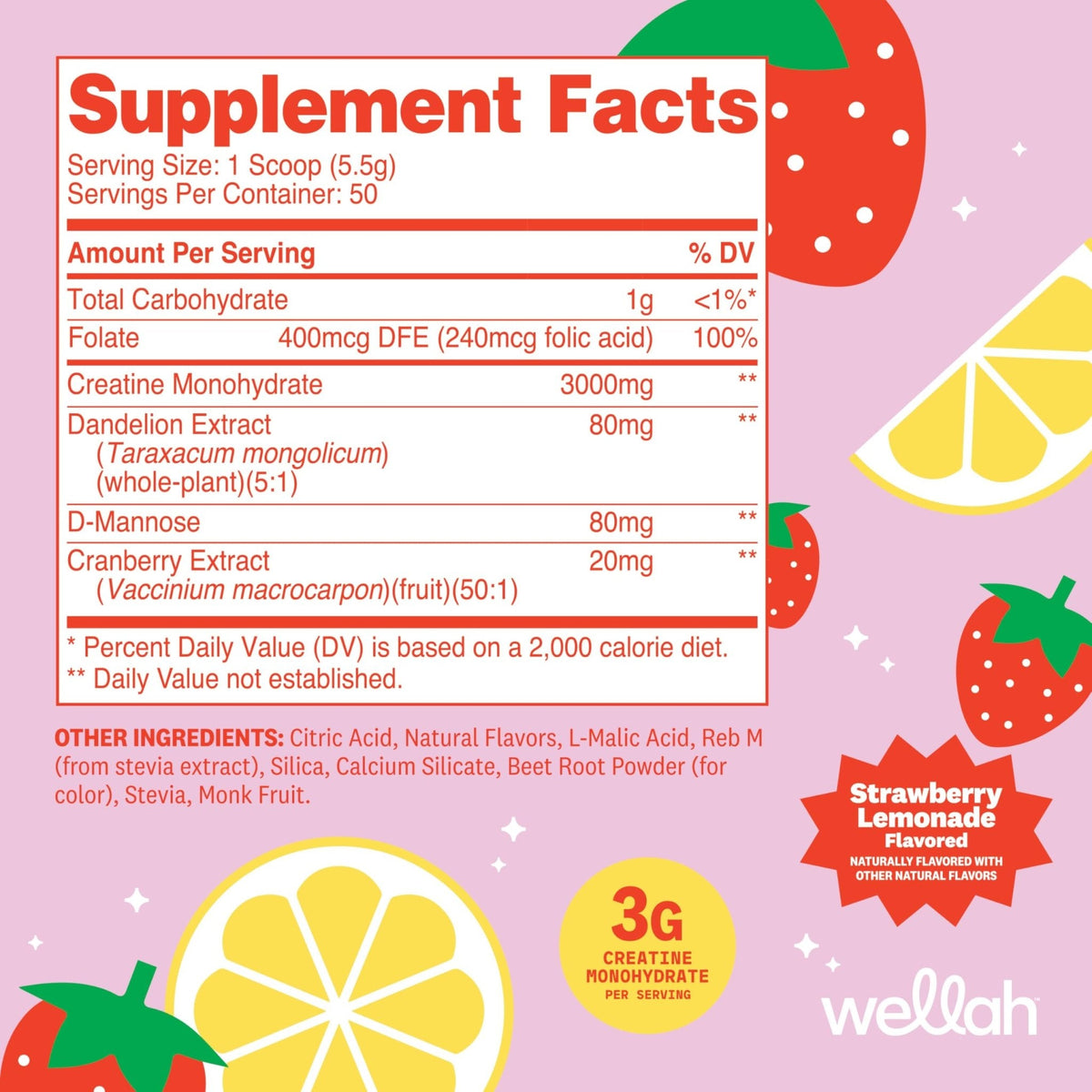 Wellah Creatine for Women - Creatine Monohydrate with Dandelion & Cranberry Extract (50 Servings, Strawberry Lemonade) - Maple Wellness Supplements