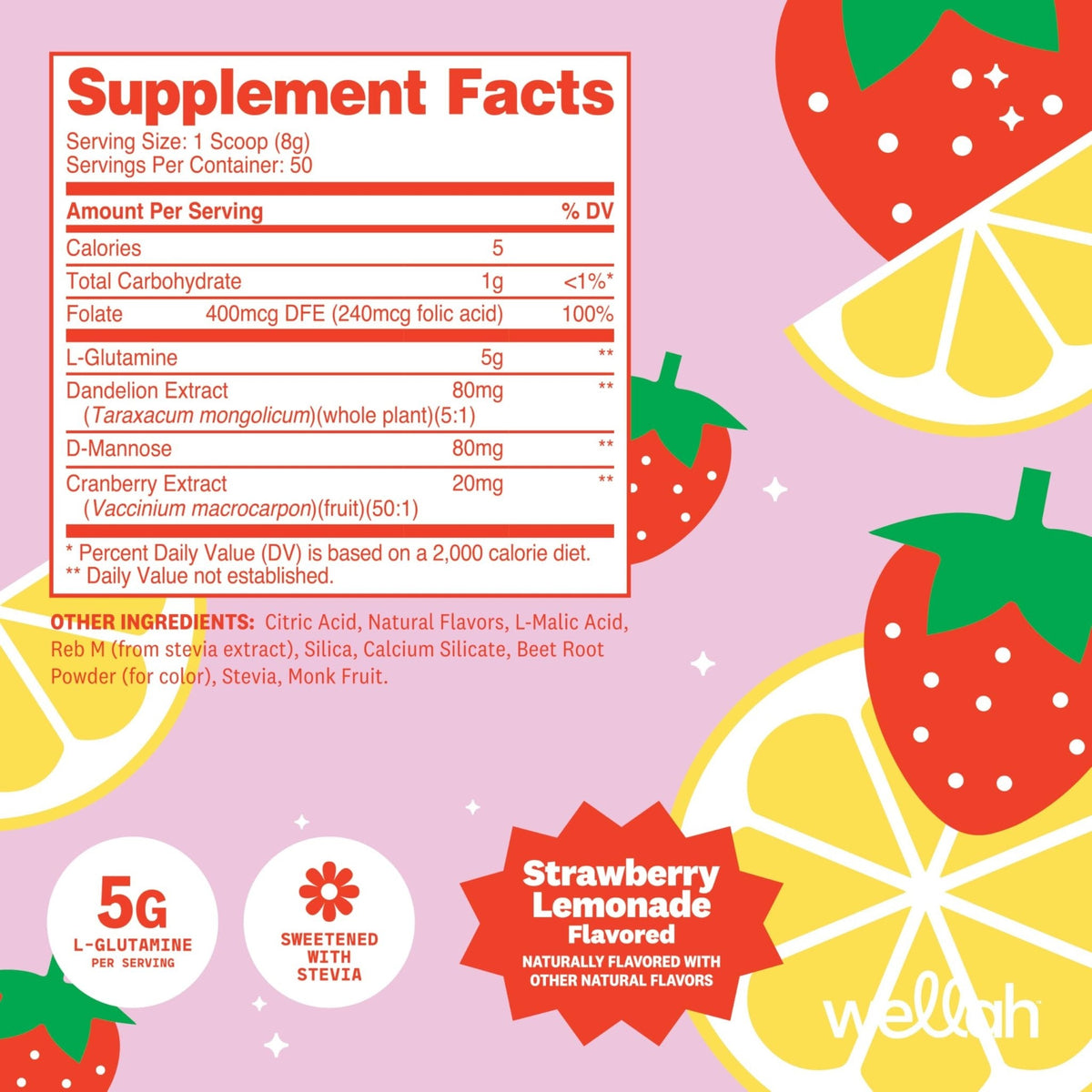 Wellah L-Glutamine Strawberry Lemonade Flavored (50 Servings) - 5g L-Glutamine Per Serving, Sweetened with Stevia - Maple Wellness Supplements