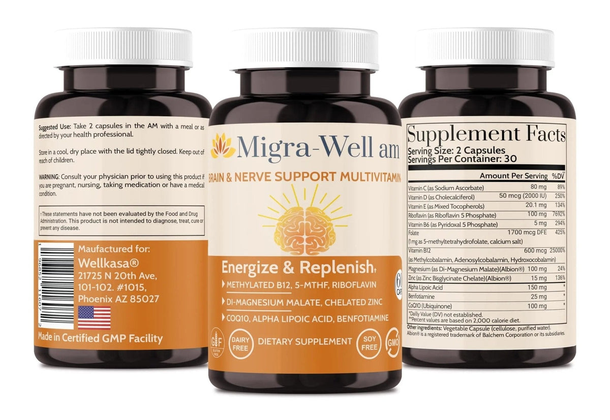 Wellkasa Migra-Well AM: Energizing Daily Methylated Multivitamin with Bioavailable Minerals & Antioxidants Supporting Brain - Maple Wellness Supplements