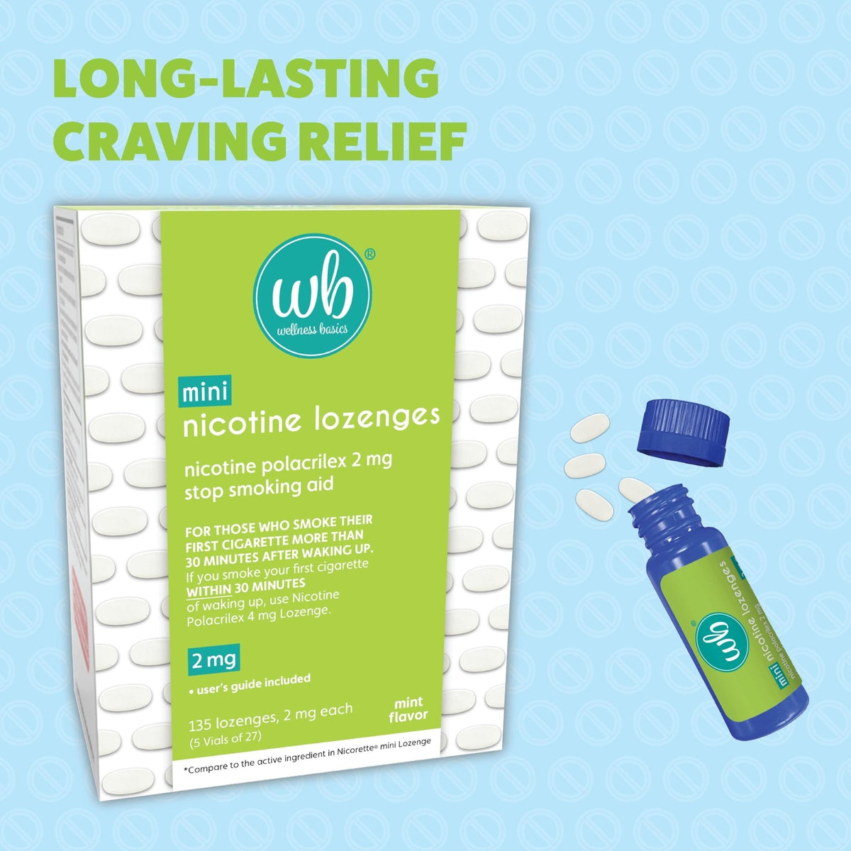 Wellness Basics Mini Nicotine Lozenge 2mg | Stop Smoking Aid | Mint Flavor | 135 Count | Pack of 5 Vials | Reduces Cravings & Withdrawal Symptoms - Maple Wellness Supplements