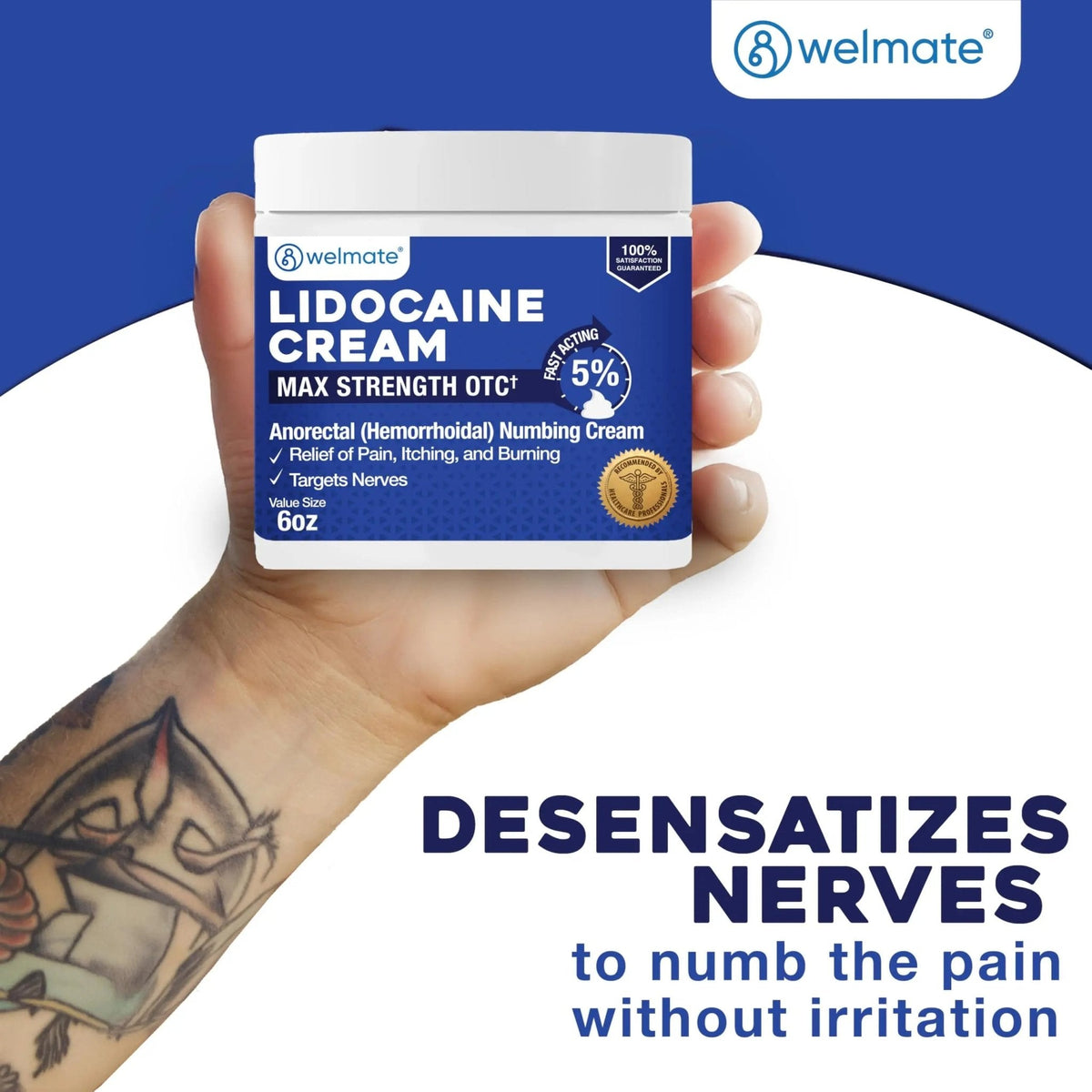 WELMATE 5% Lidocaine Cream for Hemorrhoids, 6 oz Jar – Fast-Acting Lidocaine Numbing Cream & Topical Analgesic Cream for Anorectal Itch Relief - Maple Wellness Supplements