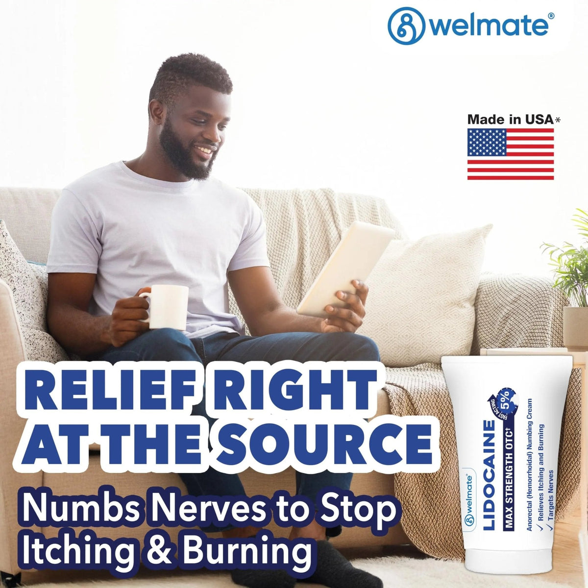WELMATE 5% Lidocaine Cream for Hemorrhoids – Fast-Acting Lidocaine Numbing Cream & Topical Analgesic Cream for Anorectal Itch Relief, Unscented, Child Resistant Packaging 2 oz (60g) - Maple Wellness Supplements