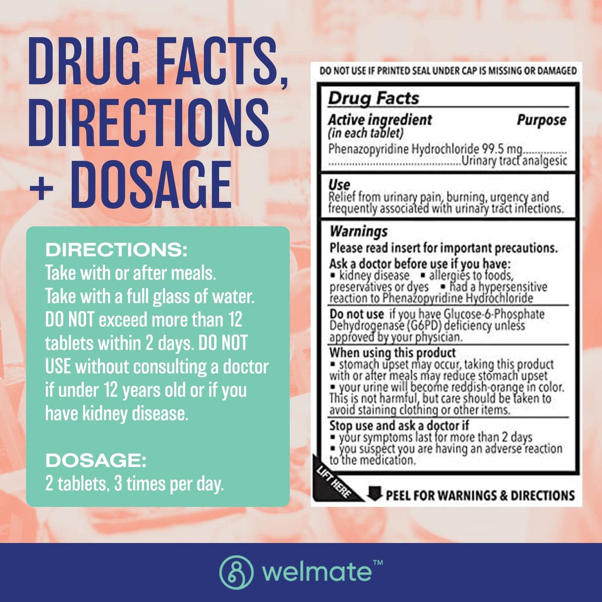 WELMATE Urinary Pain UTI Relief Maximum Strength (Phenazopyridine HCL) - Improve Urinary Tract Health & Bladder Control, Urgency, & Discomfort | Over-The-Counter Medication for Men & Women (72 Pills) - Maple Wellness Supplements