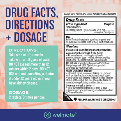 WELMATE Urinary Pain UTI Relief Maximum Strength (Phenazopyridine HCL) - Improve Urinary Tract Health & Bladder Control, Urgency, & Discomfort | Over-The-Counter Medication for Men & Women (72 Pills) - Maple Wellness Supplements
