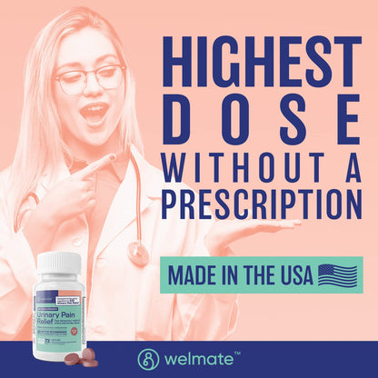 WELMATE Urinary Pain UTI Relief Maximum Strength (Phenazopyridine HCL) - Improve Urinary Tract Health & Bladder Control, Urgency, & Discomfort | Over-The-Counter Medication for Men & Women (72 Pills) - Maple Wellness Supplements