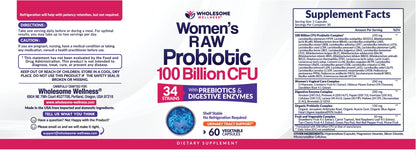 Wholesome Wellness Dr. Formulated Raw Probiotics for Women 100 Billion CFUs Capsules with Prebiotics, Digestive Enzymes, Approved for Adults, Shelf Stable Supplement - Maple Wellness Supplements