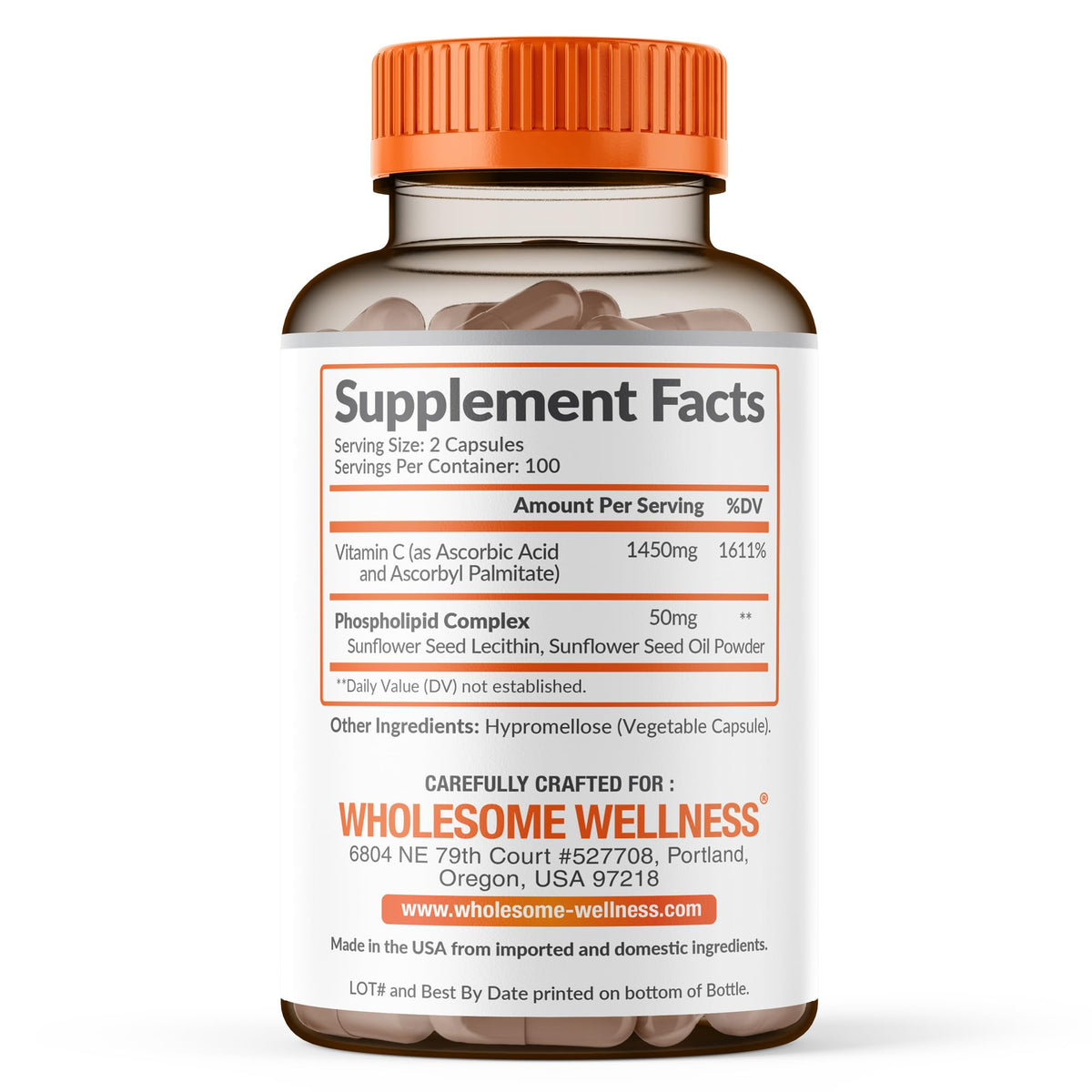 Wholesome Wellness Liposomal Vitamin C Capsules (200 Pills 1500mg Buffered) High Absorption, Immune System & Collagen Booster, High Dose Fat Soluble Immunity - Maple Wellness Supplements