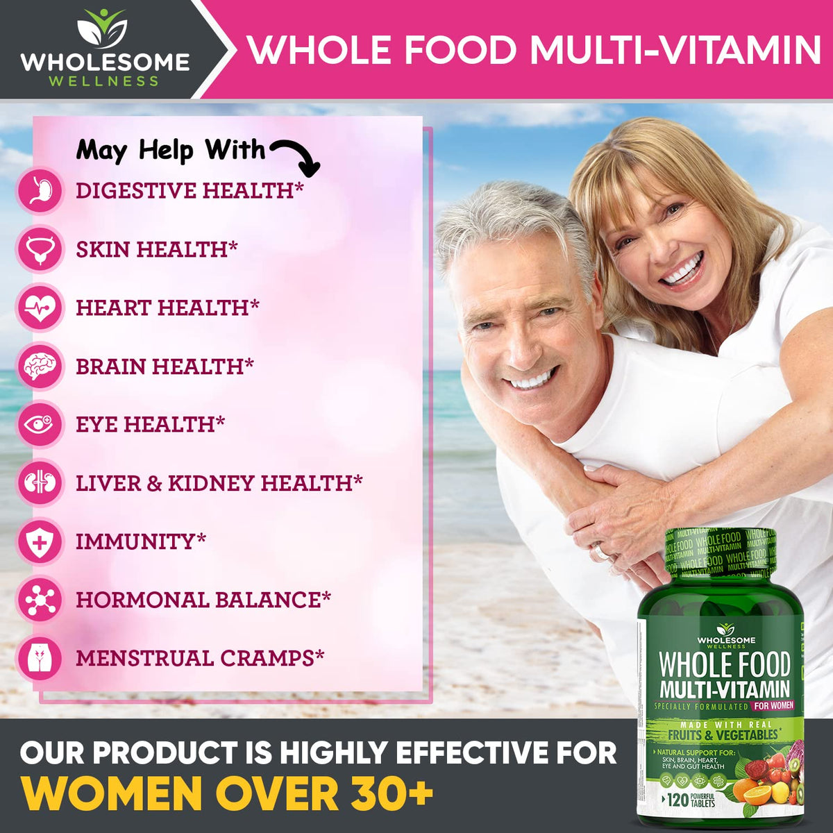 Wholesome Wellness Whole Food Multivitamin for Women - Natural Multi Vitamins, Minerals, Organic Extracts - 120 Tablets - Maple Wellness Supplements