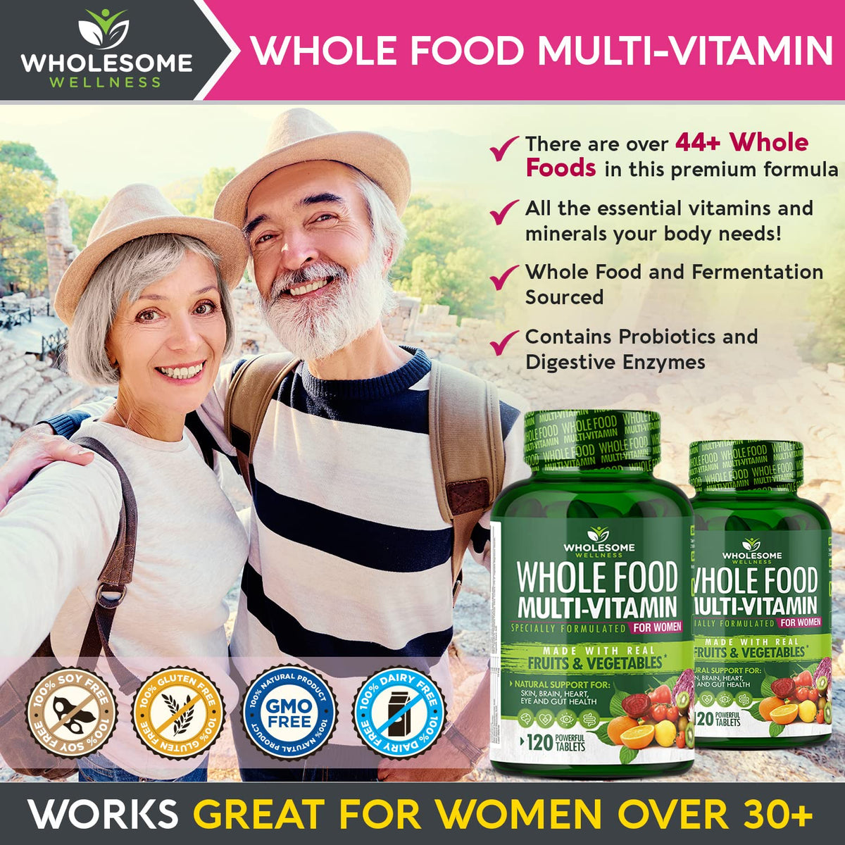 Wholesome Wellness Whole Food Multivitamin for Women - Natural Multi Vitamins, Minerals, Organic Extracts - 120 Tablets - Maple Wellness Supplements