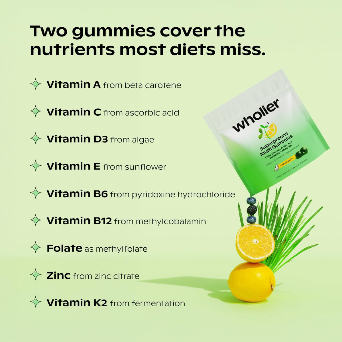 wholier Daily Supergreens Gummies, Greens Supplement with Prebiotics, Fiber, Adaptogens, Vegan Multivitamin, 9 Essential Vitamins + Minerals, 1g Sugar, 2 Gummy Serving (60 Gummies, 30 Day Supply) - Maple Wellness Supplements