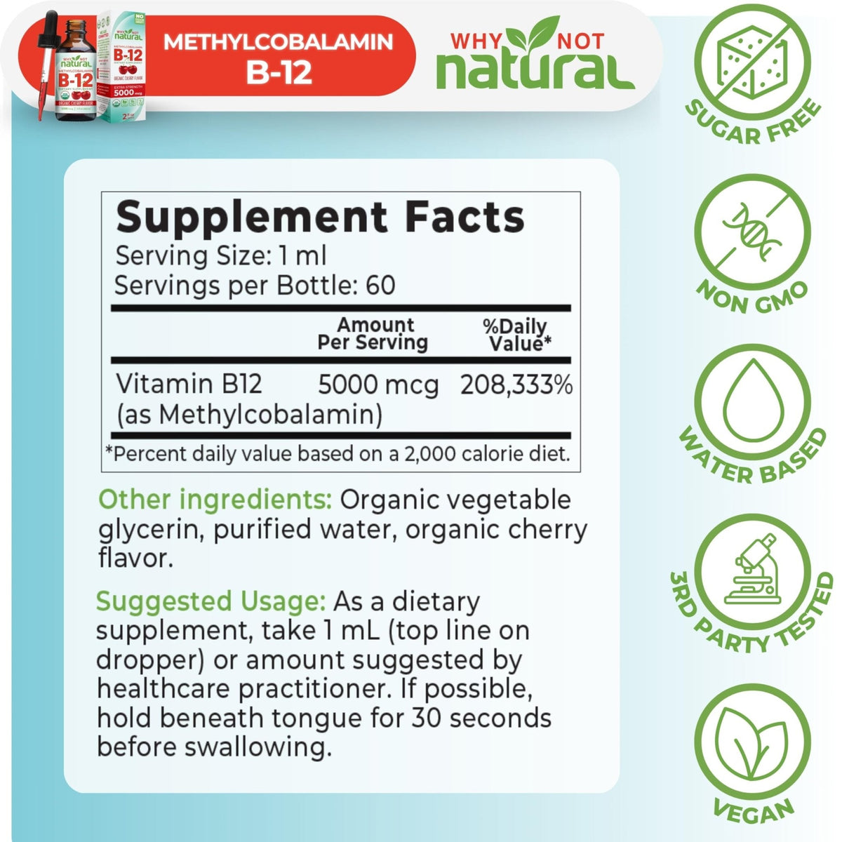 Why Not Natural Organic Vitamin B12 Liquid - Sublingual Extra Strength 60 x 5000 mcg Methylcobalamin Drops, Vegan, - Maple Wellness Supplements