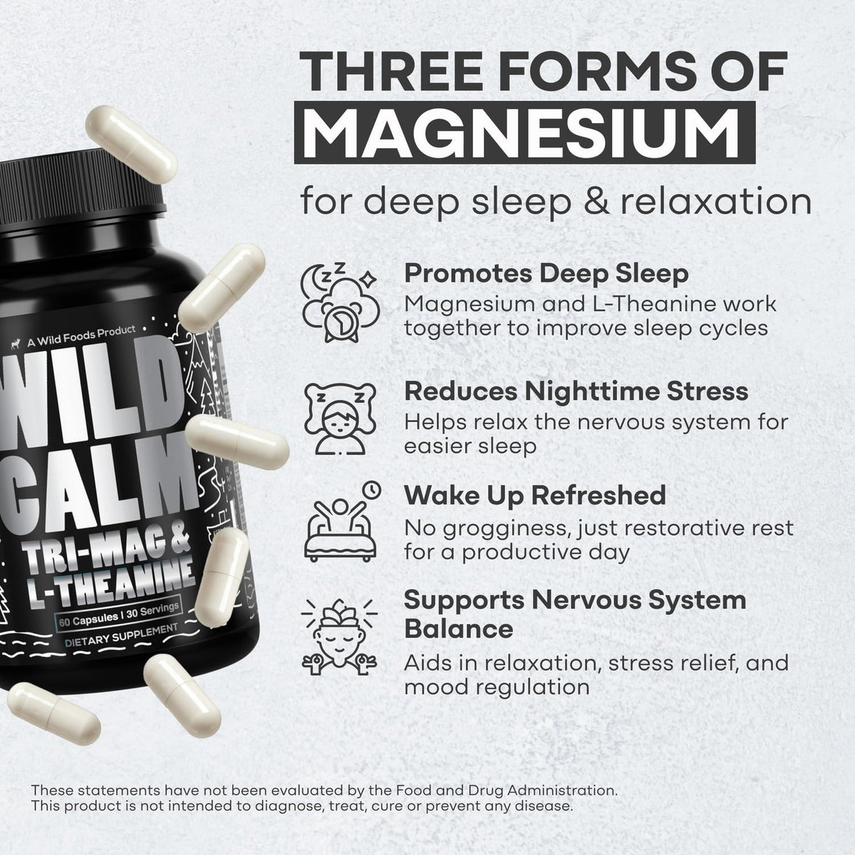 Wild Foods Tri-Mag & L-Theanine – Triple Magnesium Complex for Sleep w/L Theanine – Magnesium Glycinate, Malate, Taurate – 100% Natural – 60 Capsules - Maple Wellness Supplements