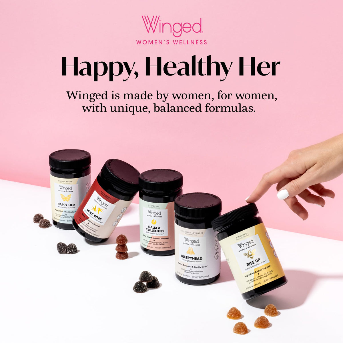 Winged Wellness Happy Her Mood Gummies - Daily Mood Enhancer Support Supplement for Women - Vitamin D with Saffron, Lemon Balm, & Lions Mane Mushrooms for Balance & Calming Relief - 50 Vegan Gummies - Maple Wellness Supplements