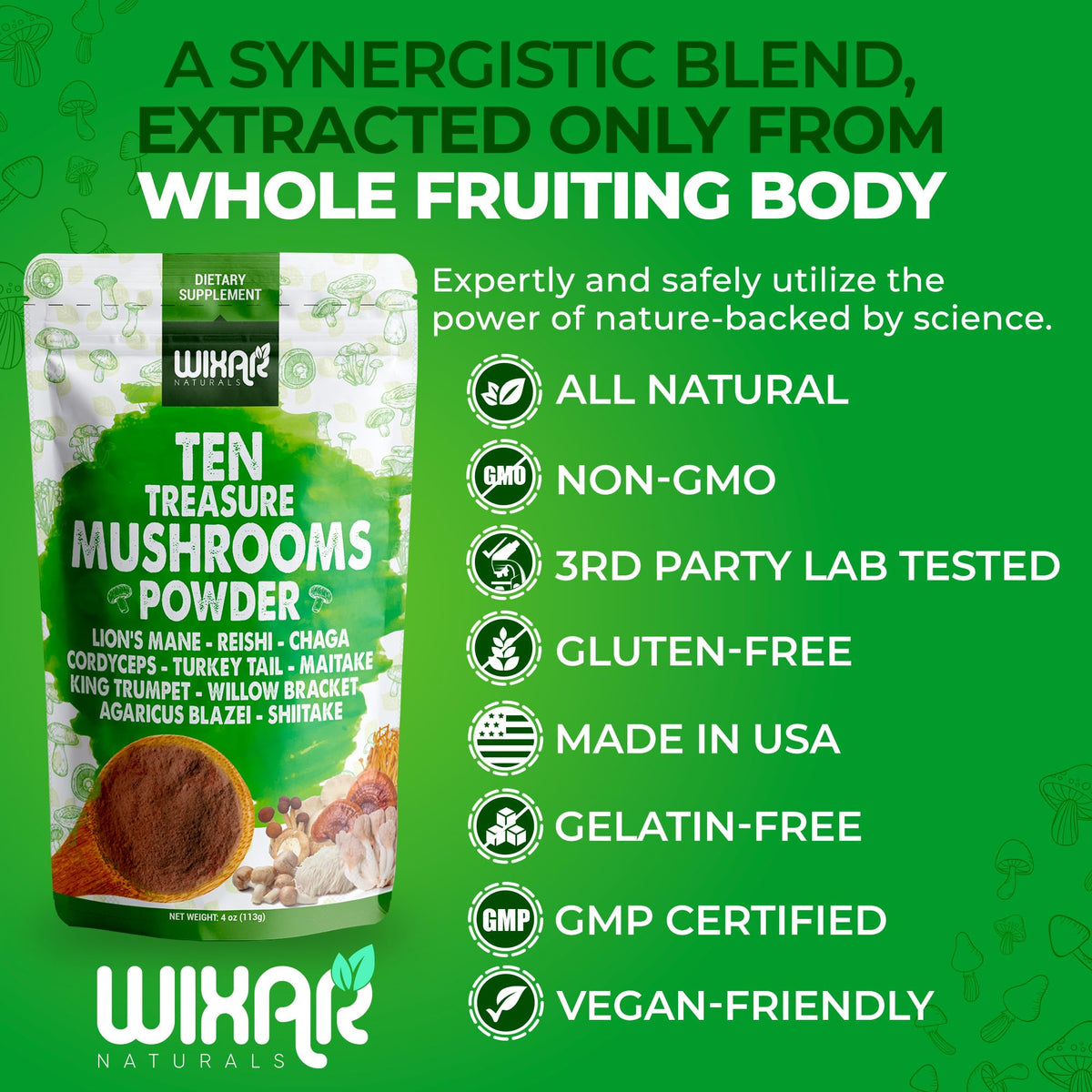 Wixar Mushroom Powder - Ten Treasure Mushrooms Extract Supplement Blend for Coffee - Maple Wellness Supplements