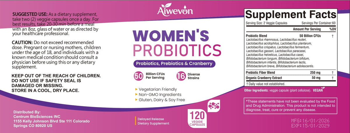 Women Probiotics 50 Billion CFU: Probiotics for Women with Prebiotics & Cranberry, 16 Strain Probiotic Supplement for Digestive Gut Health, Vaginal & Urinary Tract Support - Maple Wellness Supplements
