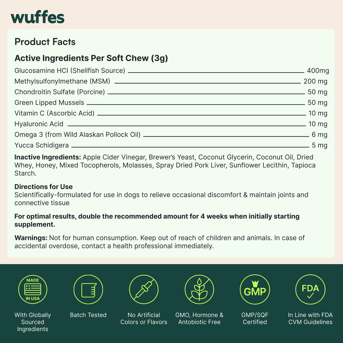 Wuffes Advanced Dog Hip and Joint Supplement with Glucosamine, Chondroitin, Omega 3, MSM, and Green Lipped Mussel, 60 Pork Flavored Chews for Small and Medium Dog Breeds - Maple Wellness Supplements