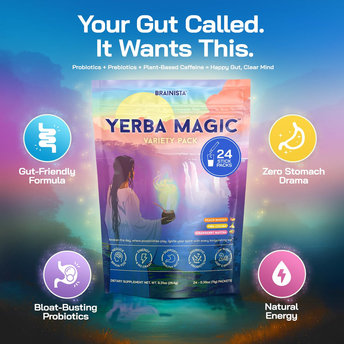 Yerba Magic Instant Yerba Mate Powder Packets – Clean Energy & Focus Drink Mix for Gut Health – Nootropic Blend with Lion’s Mane, L-Theanine, Prebiotics & Probiotics – Low Sugar Natural Caffeine – Variety Pack, 24 Sticks - Maple Wellness Supplements