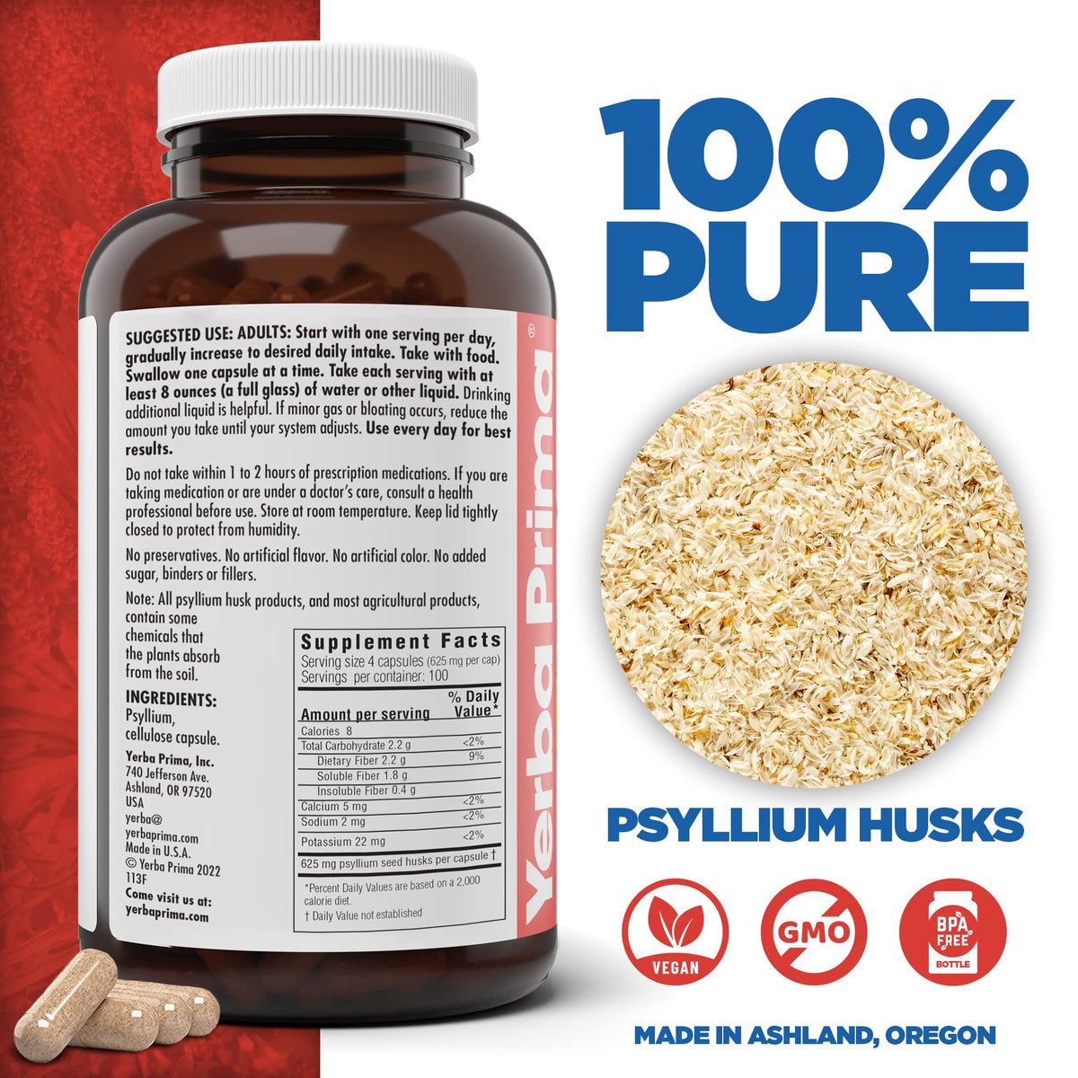 Yerba Prima Psyllium Husks Veg Caps, 400 Capsules (625mg) - Vegan, Non-GMO, Gluten Free, Colon Cleanser - Maple Wellness Supplements