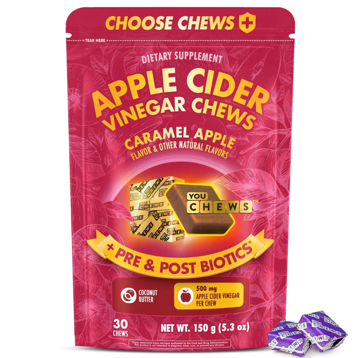 YouChews Apple Cider Vinegar Chews Better Than Apple Cider Gummies - Bloating Relief for Women and Men, 500mg Organic ACV with Prebiotics & Postbiotics, Low Sugar, Caramel Flavor, 30 Count - Maple Wellness Supplements