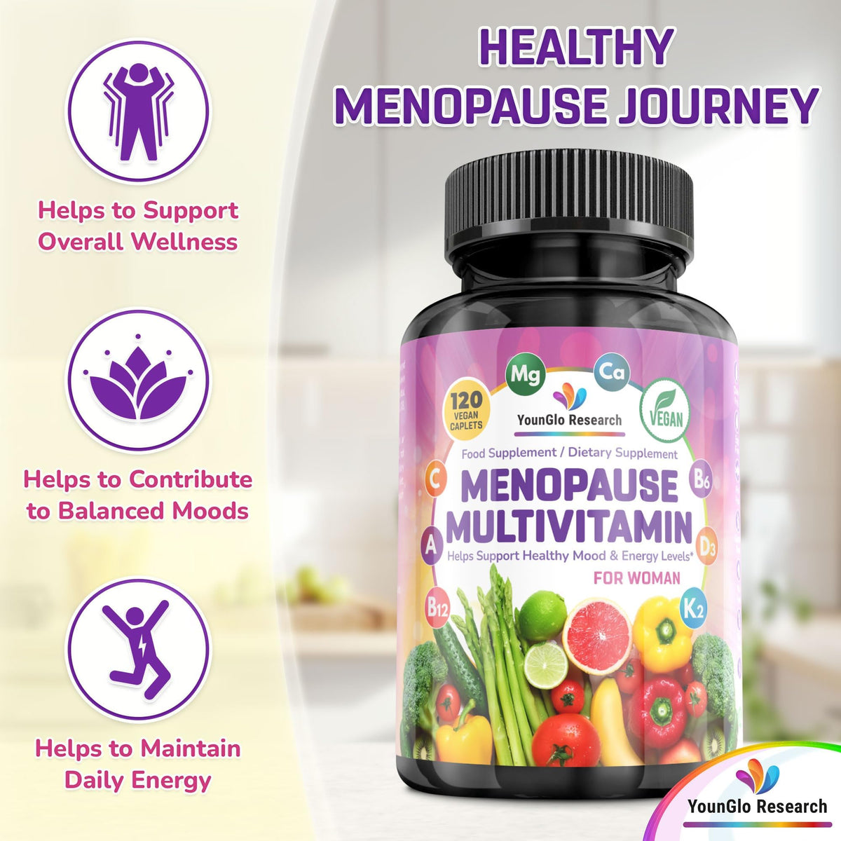 YounGlo Research Menopause Supplement - 120 Vegan Caplets - Menopause & Perimenopause Relief Support - Food and Dietary Vitamins - Multivitamin for Women - Maple Wellness Supplements