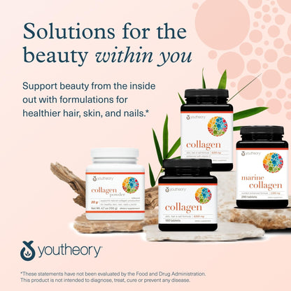 Youtheory Advanced Collagen - 6,000 mg Hydrolyzed Collagen Peptides - Includes Antioxidants & Contains Vitamin C - Hair Growth, Nails, Joint Health & Bone Support* - 290 Tablets (48-Day Supply) - Maple Wellness Supplements