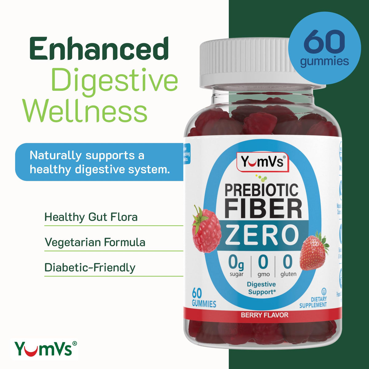 YumVs Sugar Free Prebiotic Fiber Gummies for Adults and Kids - Berry Flavor - Kosher Halal 4g High Fiber Supplement for Women and Men - Maple Wellness Supplements