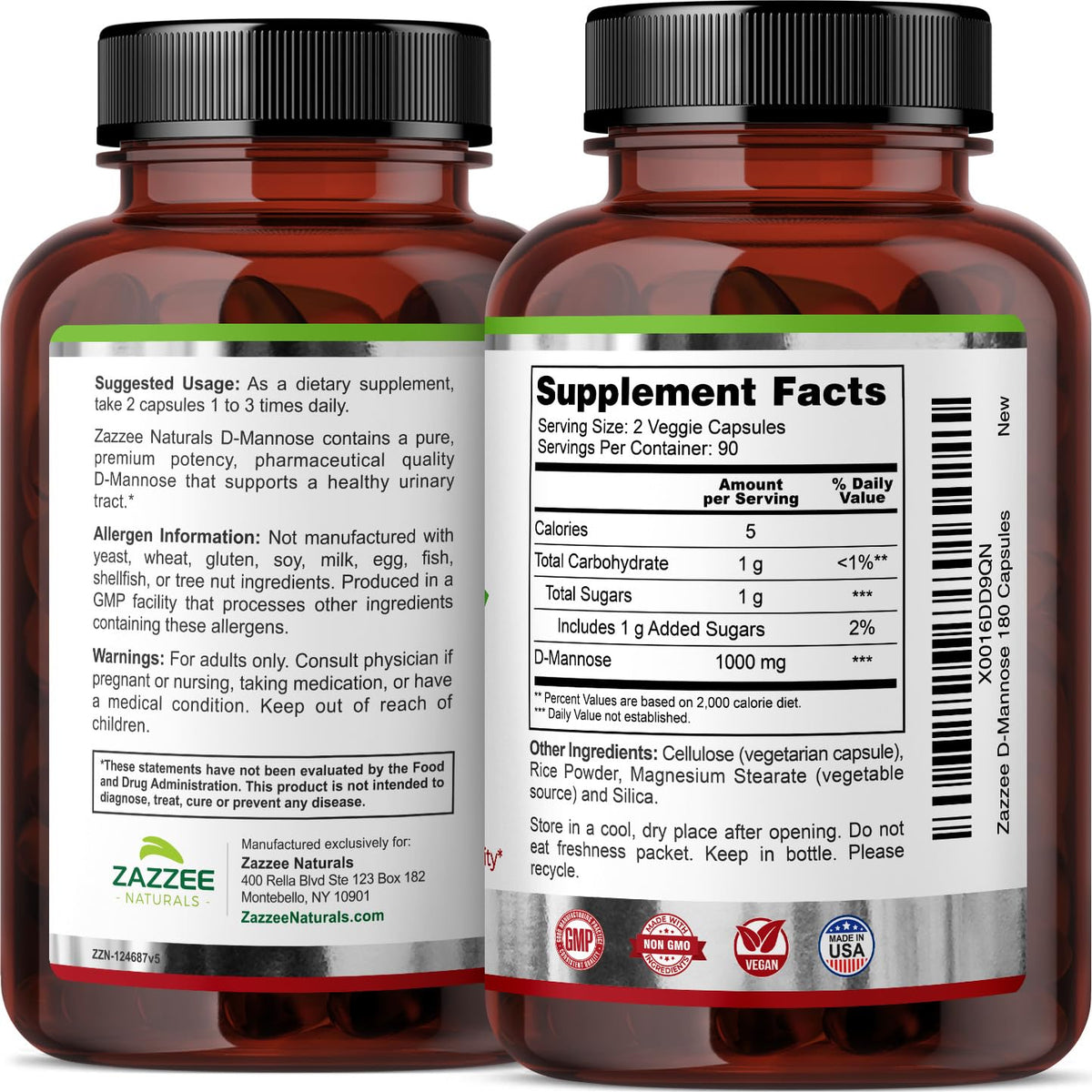 Zazzee D-Mannose, 1000 mg per Serving, 180 Vegan Capsules, 3 Month Supply, Potent - Maple Wellness Supplements