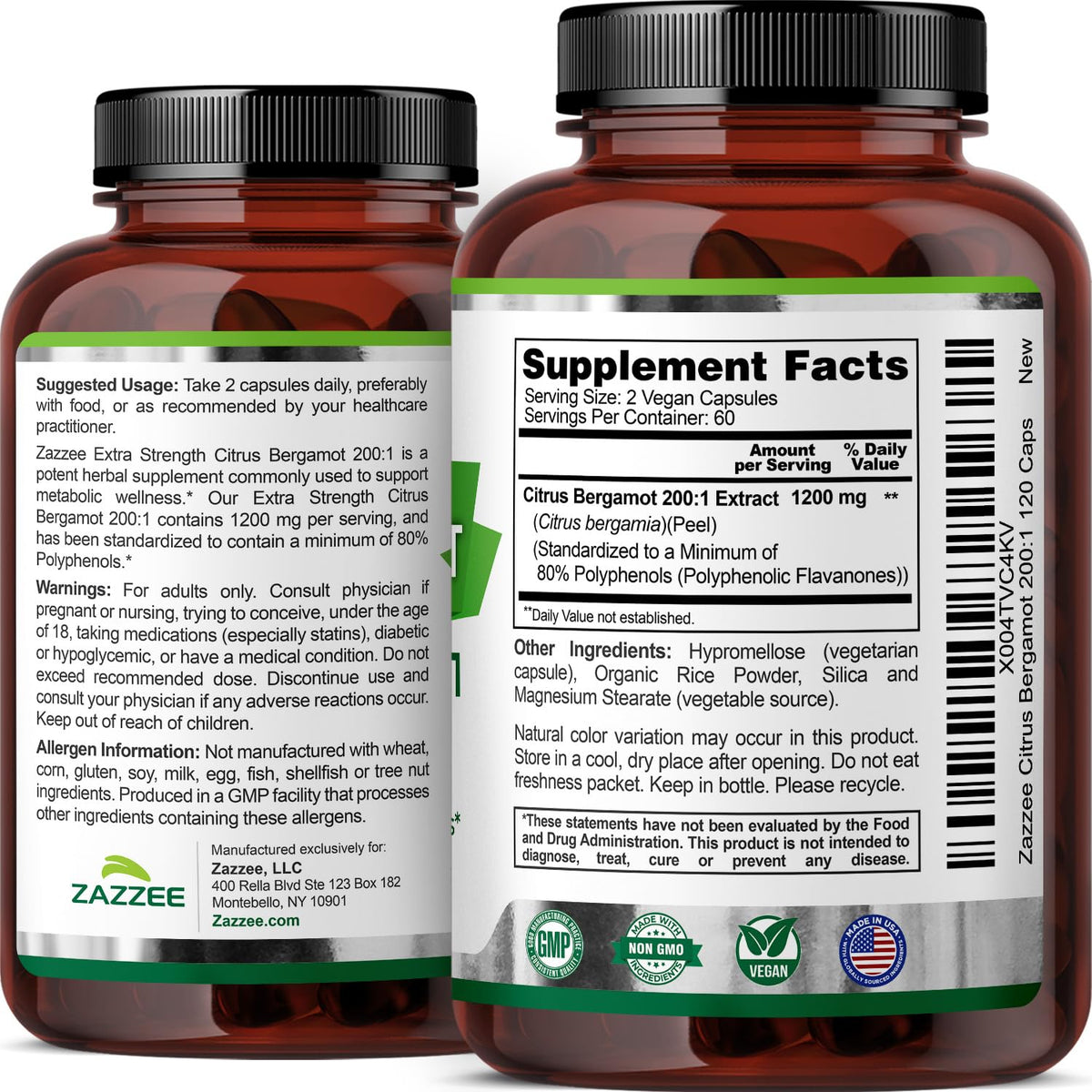 Zazzee Extra Strength Citrus Bergamot 200:1 Extract 1200 mg, 80% Polyphenols, 120 Vegan Capsules, Standardized 200X Potency - Maple Wellness Supplements