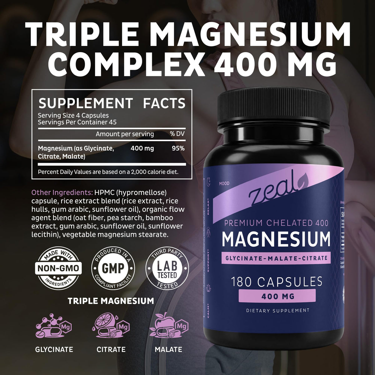 Zeal Naturals Triple Magnesium Complex Supplement - Glycinate, Malate, Citrate | 400mg, 180 Capsules | High Absorption Chelated Magnesium for Sleep, Mood, Muscle Recovery, Relaxation - Maple Wellness Supplements
