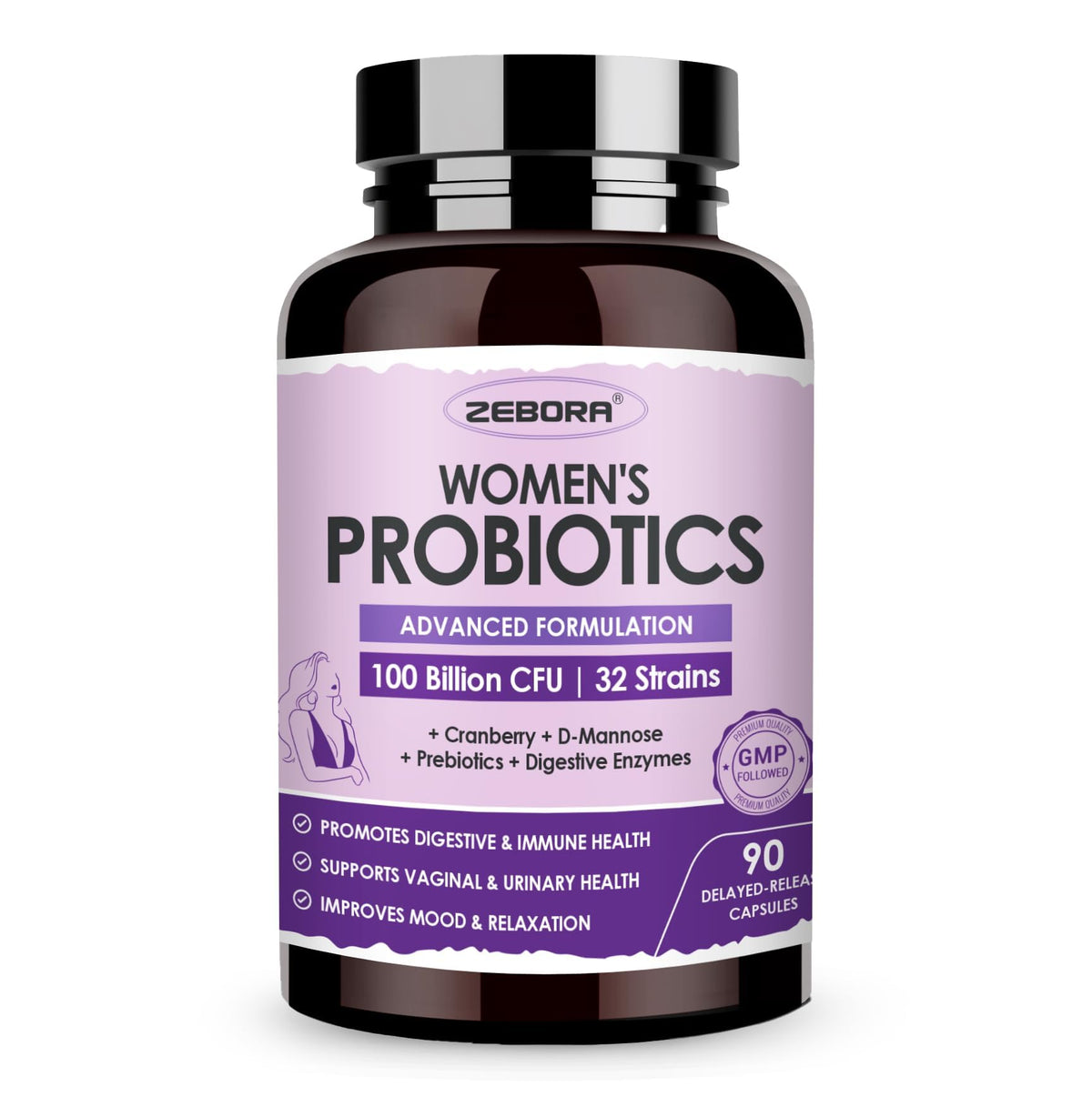 ZEBORA Probiotics for Women Digestive Health with Enzymes & Prebiotics 100 Billion CFUs| Vaginal Probiotics with D Mannose & Cranberry | Urinary Tract Health - Maple Wellness Supplements