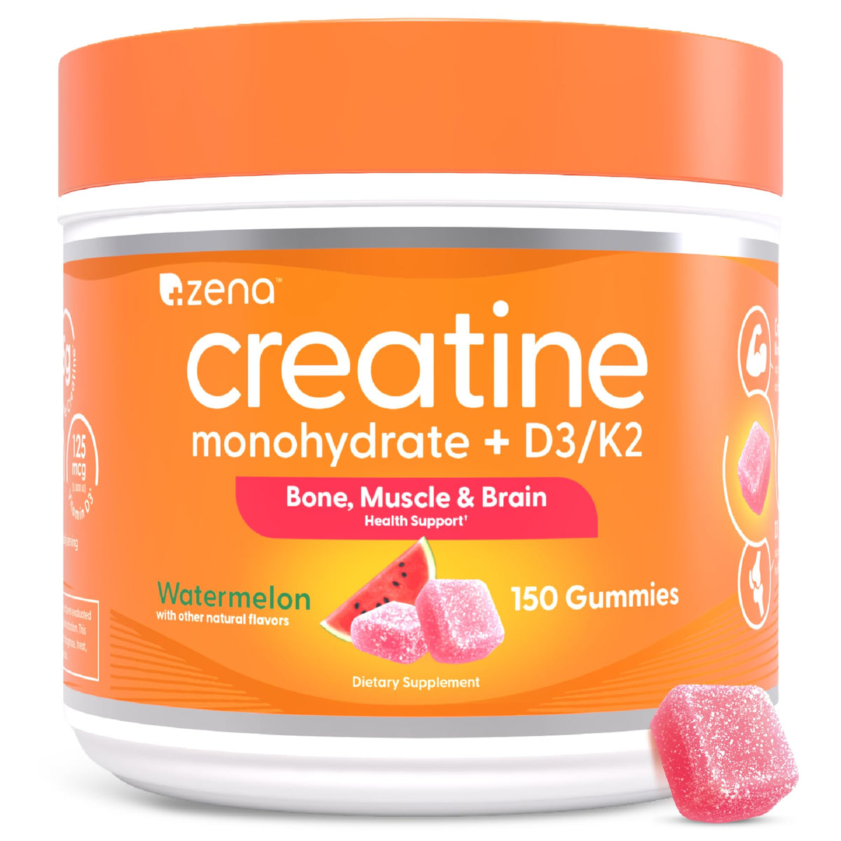Zena Nutrition Creatine Gummies with D3 & K2, Creatine Monohydrate for Men and Women, Supports Bone, Muscle, & Cognitive Health, Gummy Workout Supplement, Watermelon Flavor, 150ct, 30 Daily Servings - Maple Wellness Supplements