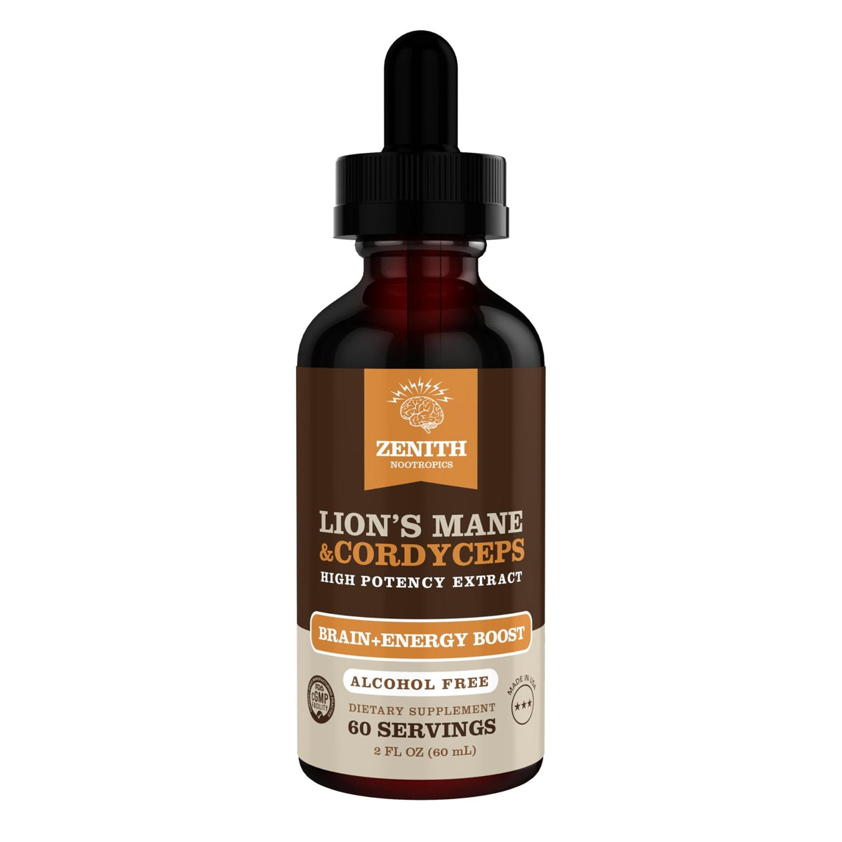 Zenith Nootropics Lion’s Mane & Cordyceps Supplement – Brain & Energy Support – Focus, Memory, Clarity, Immunity – Vegan, Alcohol-Free Tincture – Up-to 2-Month Supply, 2 fl oz - Maple Wellness Supplements