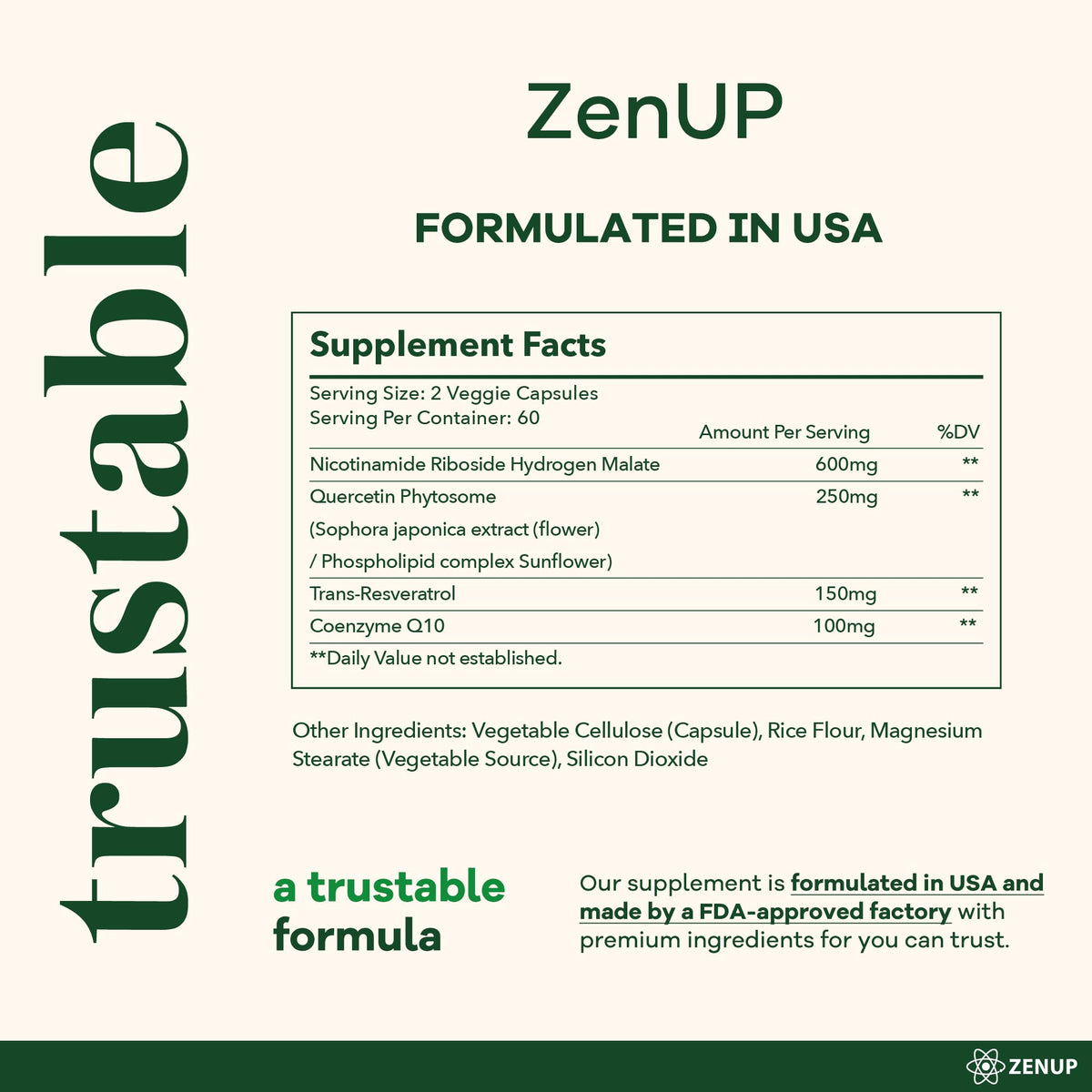 ZenUP NAD+ Supplement | 1100mg Liposomal Nicotinamide Riboside with Resveratrol & Quercetin | Anti-Aging, Cellular Energy, Mental Focus | 120 Caps - Maple Wellness Supplements