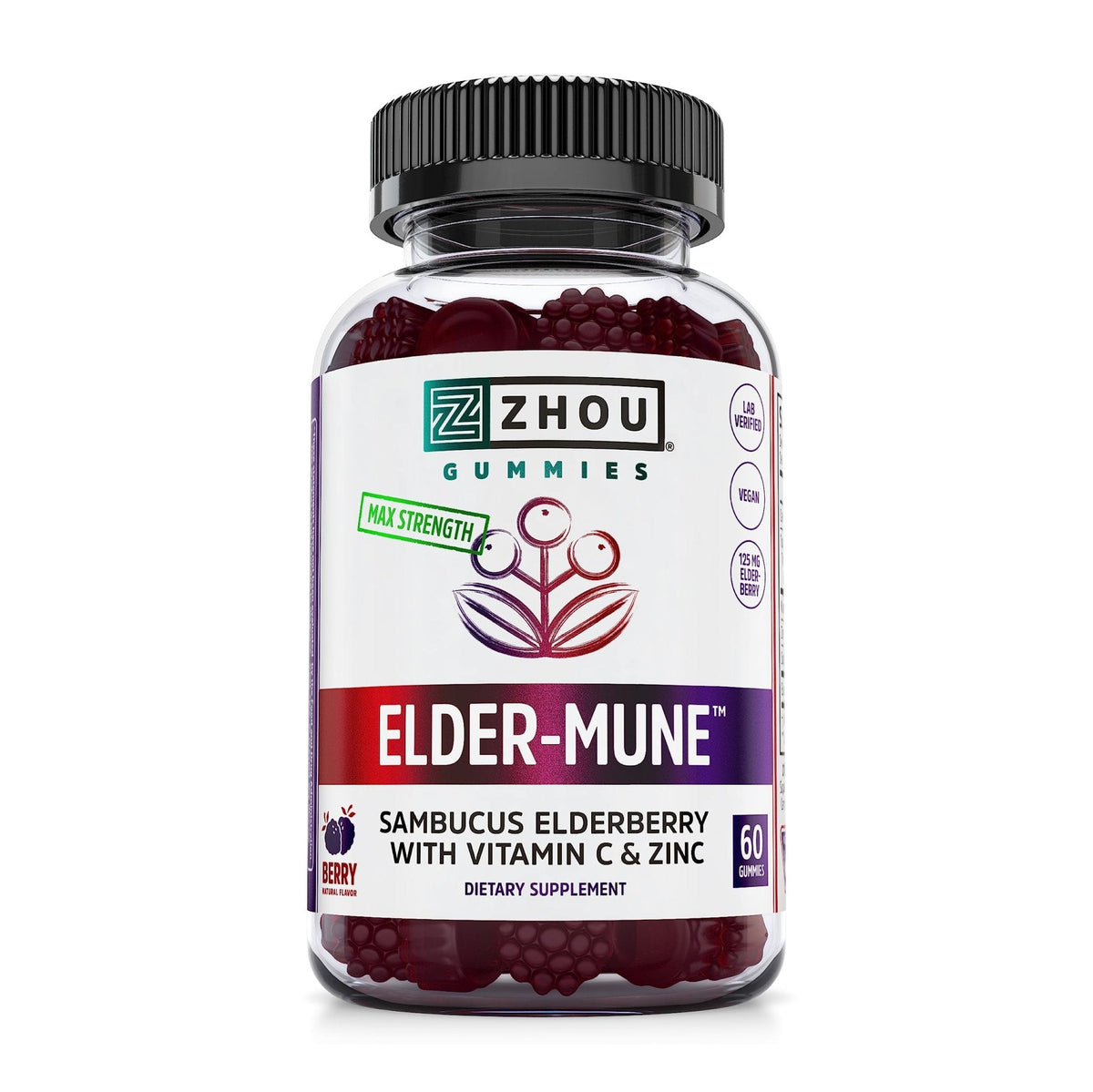 Zhou Nutrition Elder-Mune Sambucus Elderberry Gummies with Zinc and Vitamin C & vH - Maple Wellness Supplements