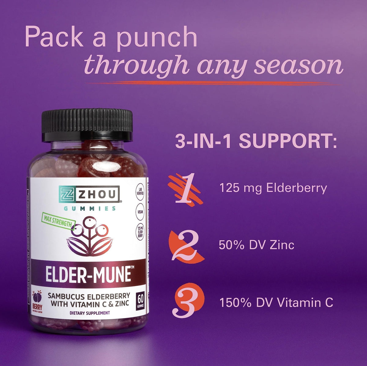 Zhou Nutrition Elder-Mune Sambucus Elderberry Gummies with Zinc and Vitamin C & vH - Maple Wellness Supplements