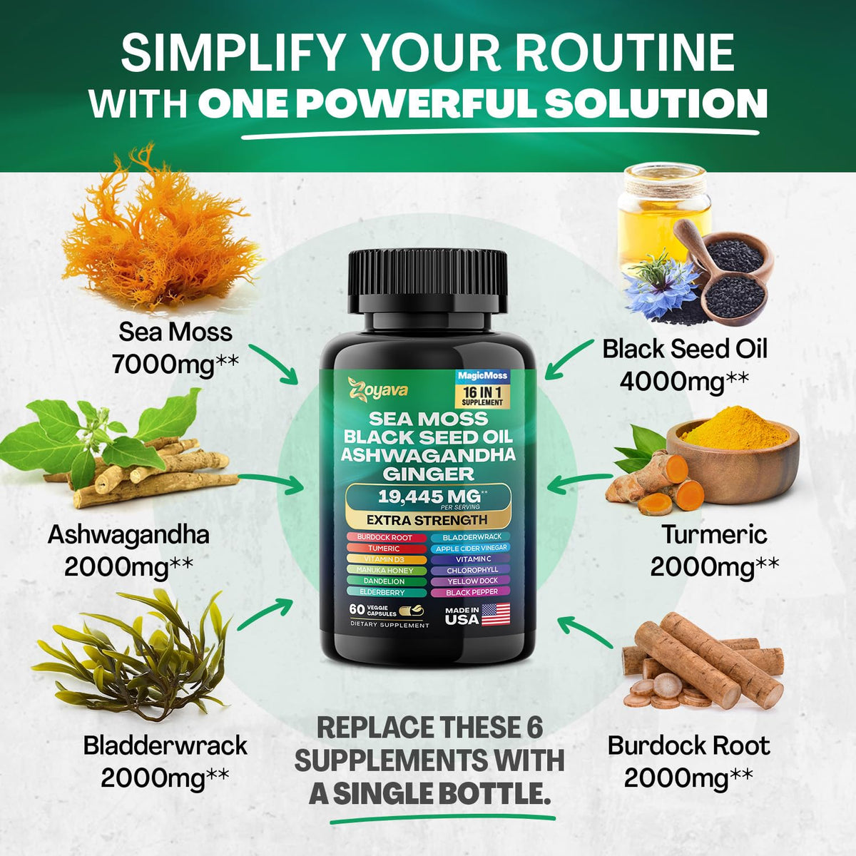 Zoyava Magic Moss Blend Sea Moss 7000mg Ashwagandha 2000mg Black Seed Oil - Maple Wellness Supplements