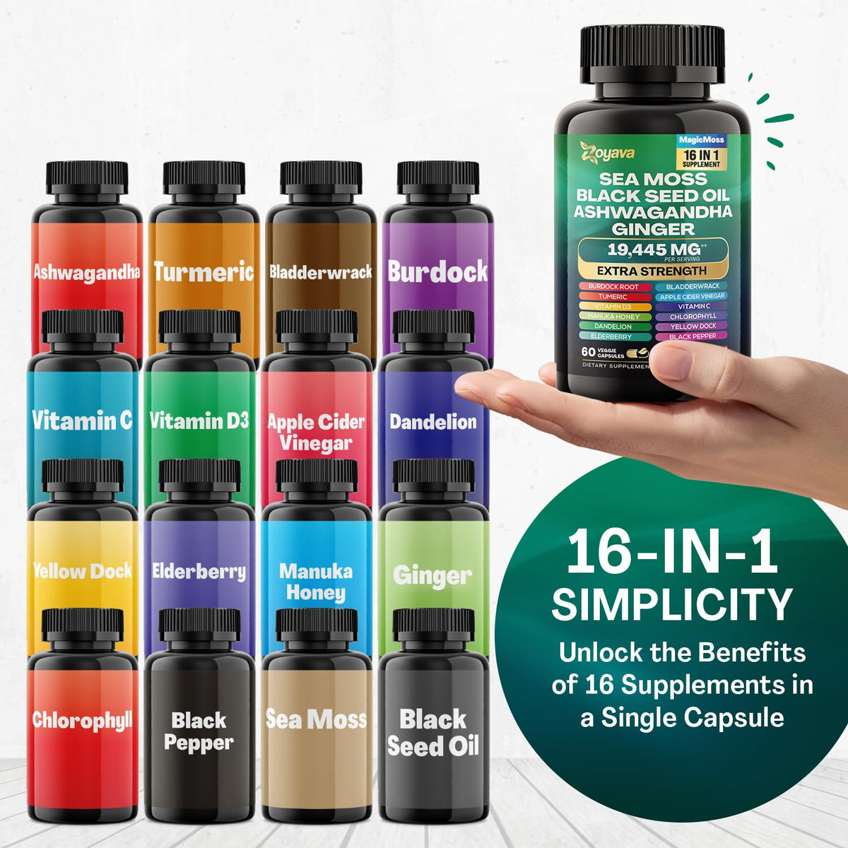 Zoyava Sea Moss 16-in-1 Blend 19,445 MG (60 Caps) and Colostrum 8-in-1 5,250 MG - Maple Wellness Supplements
