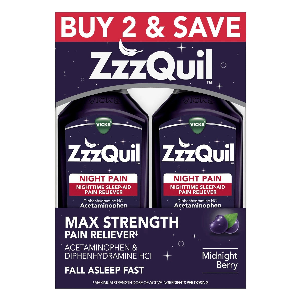 ZzzQuil Liquid, Max Strength Pain Reliever, Nighttime Sleep Aid Liquid, Acetaminophen 1000mg, Diphenhydramine 50mg HCI, Non-Habit Forming, Midnight Berry Flavored, 2 Pack, 24 FL OZ - Maple Wellness Supplements